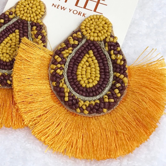 Large Boho Seed Bead Fan Tassel Post Drop Earrings - Picture 3 of 5